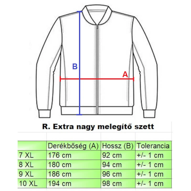 R.Unique fekete-szürke EXTRA nagyméretű férfi melegítő szett mérettáblázata