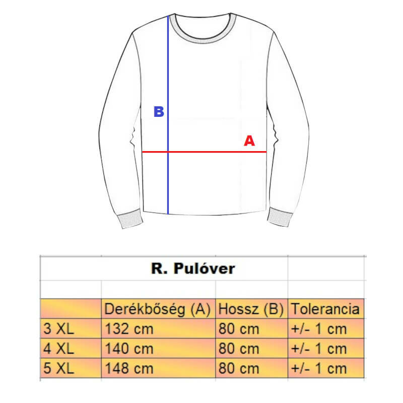 R.Mustár nagyméretű férfi állógalléros pulóver mérettáblázata