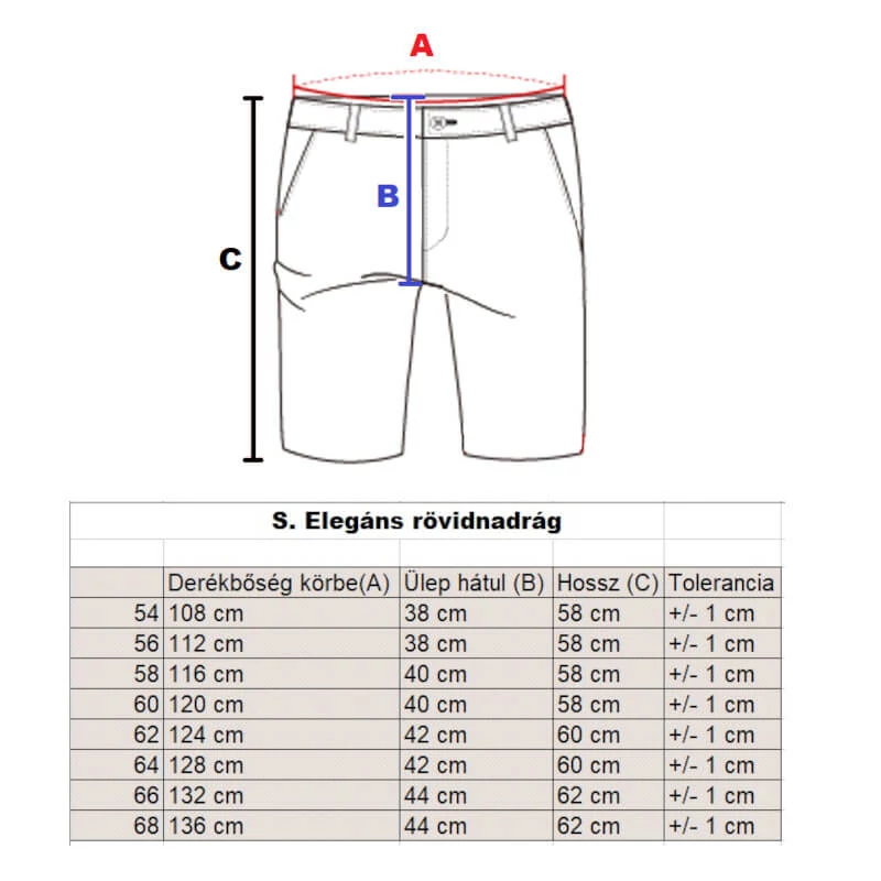 S.Sötétkék-fehér svédzsebes elegáns nagyméretű férfi rövidnadrág mérettáblázata
