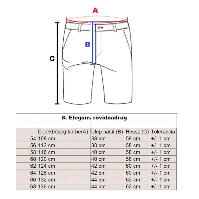 S.Zöld-fehér svédzsebes elegáns nagyméretű férfi rövidnadrág mérettáblázata
