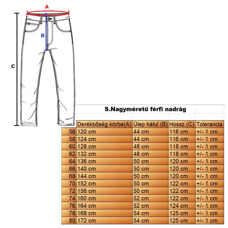 S.Ice szürke férfi nagyméretű farmernadrág mérettáblázata