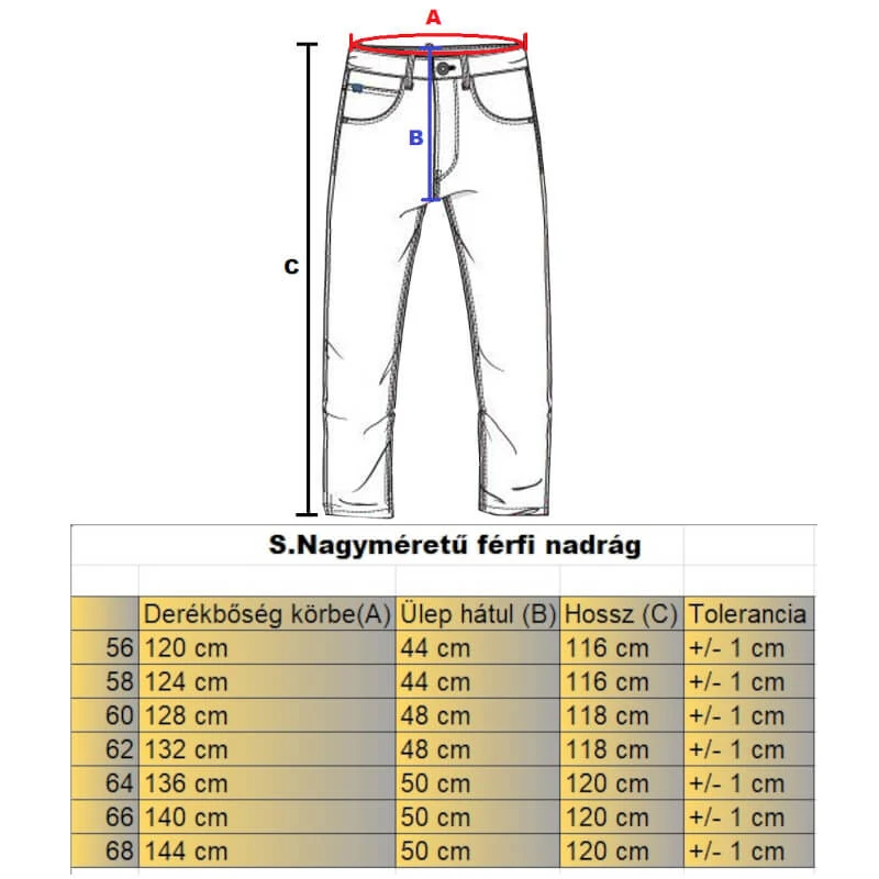 S.Chich fekete férfi nagyméretű elegáns farmernadrág mérettáblázata2