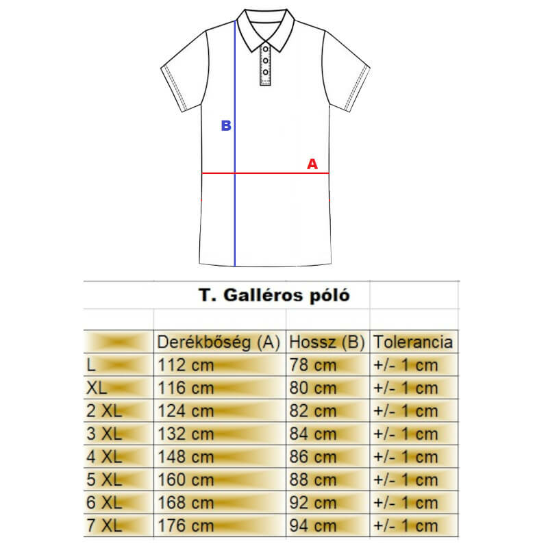 T.Fekete-arany lánc mintás nagyméretű férfi galléros póló mérettáblázata