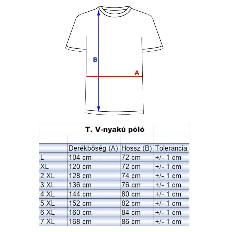 T.Kék fehér csíkos V-nyakú nagyméretű férfi póló mérettáblázata