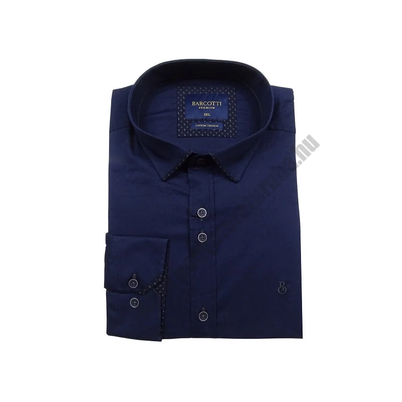 2XL-6XL méretű B.Sötétkék dupla gombos férfi nagyméretű hosszú ujjú ing a legújabb trendek szerint. Prémium minőségű rugalmas pamut anyagból.Rendeljen online kényelmesen vagy jöjjön el személyesen üzletünkbe!