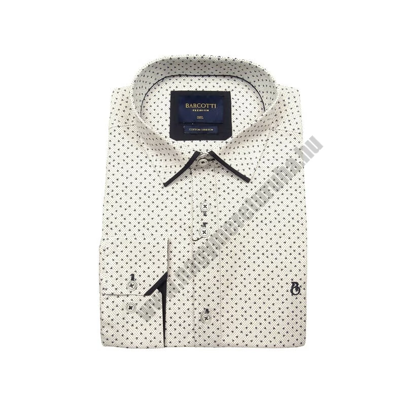 Elegáns XL, 2XL, 3XL, 4XL, 5XL méretű B.Bird férfi nagyméretű dupla galléros hosszú ujjú ing fehér alapon sötétkék mintával. Öltözzön a legújabb trendek szerint extra méretekkel is! Prémium minőségű rugalmas pamut anyagból.Rendeljen online kényelmesen vag
