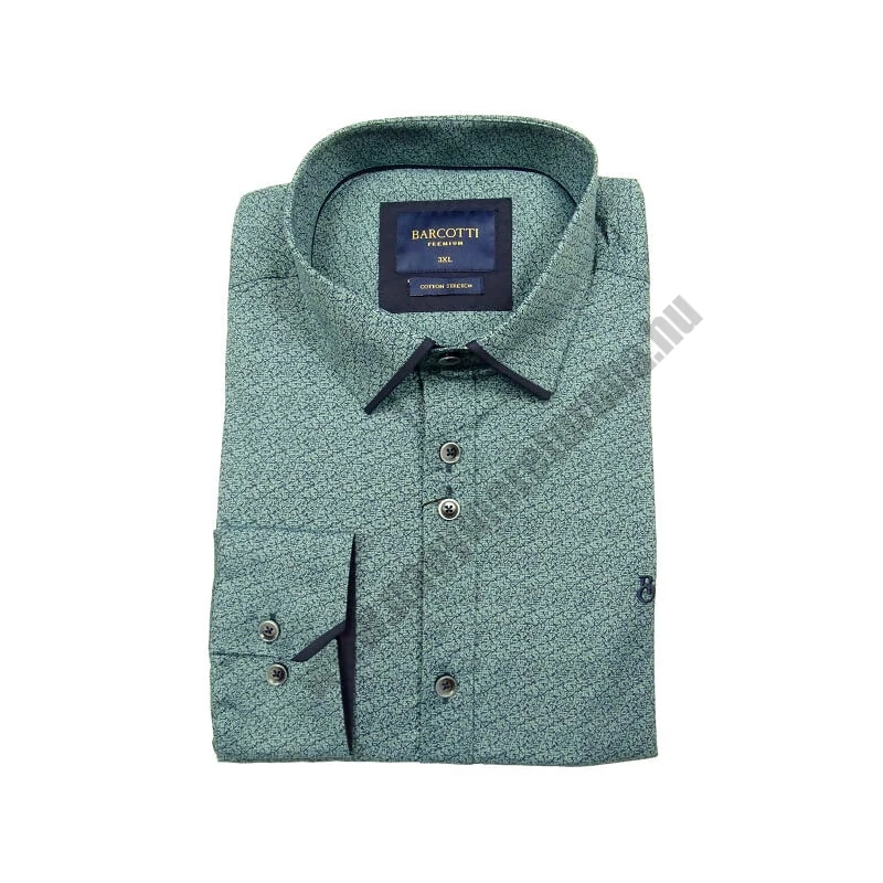 Elegáns nagy XL, 2XL, 3XL, 4XL, 5XL méretű B.Elegant férfi nagyméretű dupla galléros hosszú ujjú ing zöldeskék alapon sötétkék mintával. Öltözzön a legújabb trendek szerint extra méretekkel is! Prémium minőségű rugalmas pamut anyagból.Rendeljen online kén
