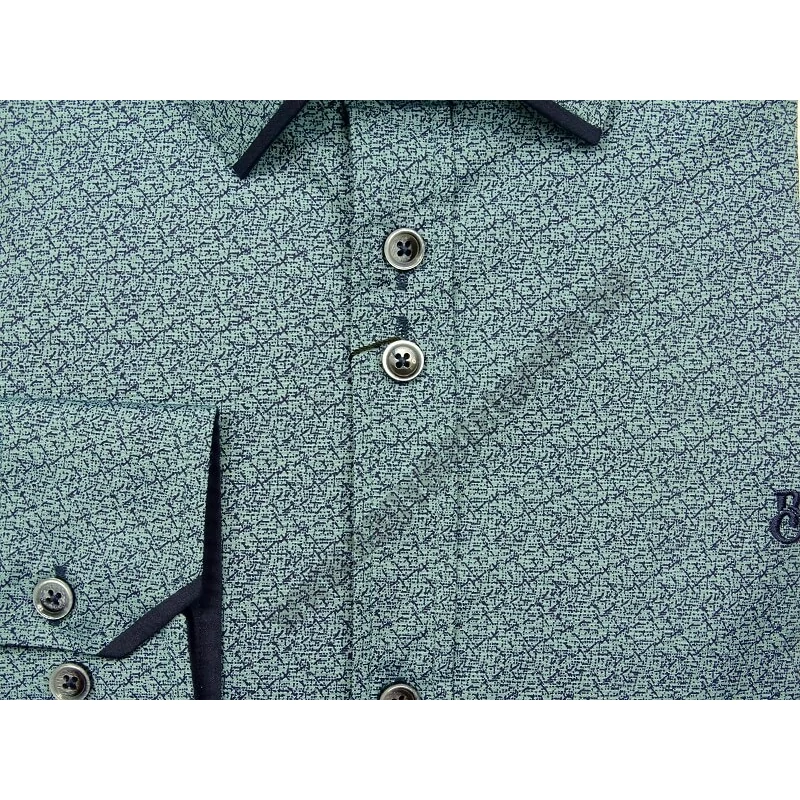 Elegáns nagy XL, 2XL, 3XL, 4XL, 5XL méretű B.Elegant férfi nagyméretű dupla galléros hosszú ujjú ing zöldeskék alapon sötétkék mintával. Öltözzön a legújabb trendek szerint extra méretekkel is! Prémium minőségű rugalmas pamut anyagból.Rendeljen online kén