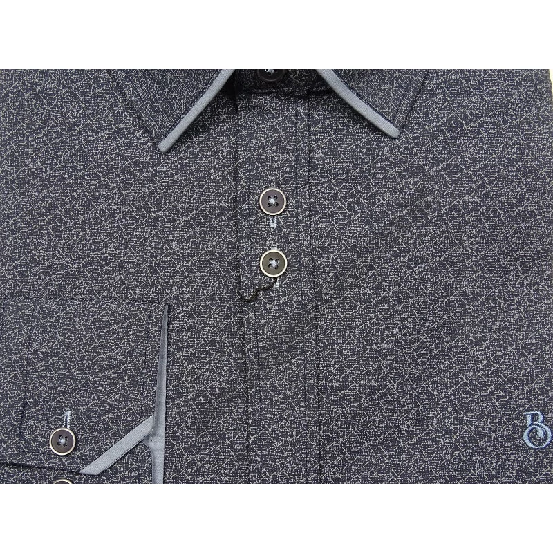 Elegáns nagy XL, 2XL, 3XL, 4XL, 5XL méretű B.Elegant férfi nagyméretű dupla galléros hosszú ujjú ing sötétkék alapon szürke mintával. Öltözzön a legújabb trendek szerint extra méretekkel is! Prémium minőségű rugalmas pamut anyagból.Rendeljen online kén
