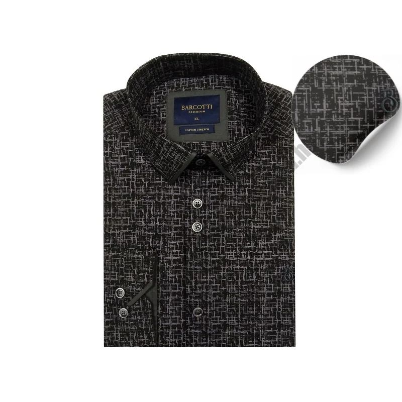 Elegáns XL, 2XL, 3XL, 4XL, 5XL méretű B.Labirintus fekete férfi nagyméretű dupla galléros hosszú ujjú ing fekete alapon szürke mintával. Prémium minőségű rugalmas pamut anyagból.Rendeljen online kényelmes,gyorsan.