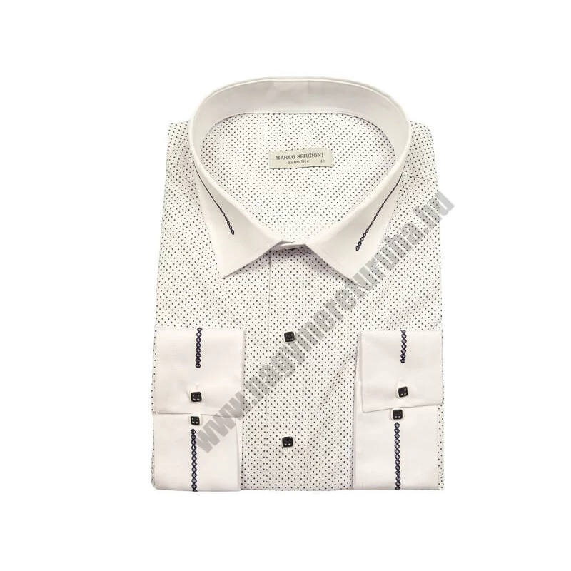 4XL-11XL Extra nagyméretű alkalmi M.Contrast fehér, sötétkék pöttyös férfi hosszú ujjú ing, kontrasztos fehér gallérral és mandzsettával.Rendeljen online kényelmesen vagy jöjjön el személyesen üzletünkbe!