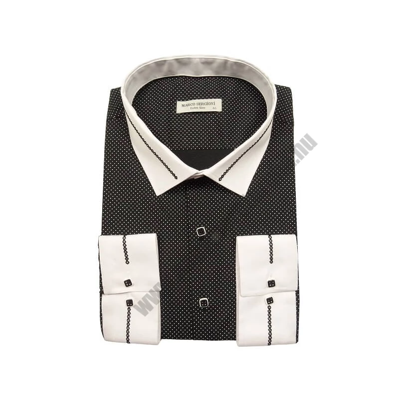 4XL-11XL Extra nagyméretű alkalmi M.Contrast fekete, fehér pöttyös férfi hosszú ujjú ing, kontrasztos fehér gallérral és mandzsettával.Rendeljen online kényelmesen vagy jöjjön el személyesen üzletünkbe!