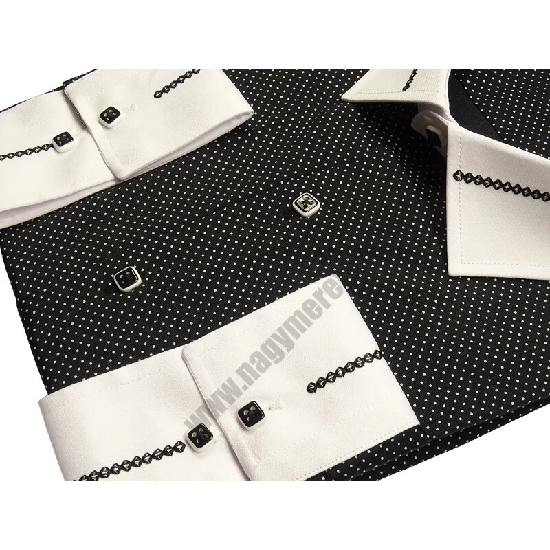 4XL-11XL Extra nagyméretű alkalmi M.Contrast fekete, fehér pöttyös férfi hosszú ujjú ing, kontrasztos fehér gallérral és mandzsettával.Rendeljen online kényelmesen vagy jöjjön el személyesen üzletünkbe!3