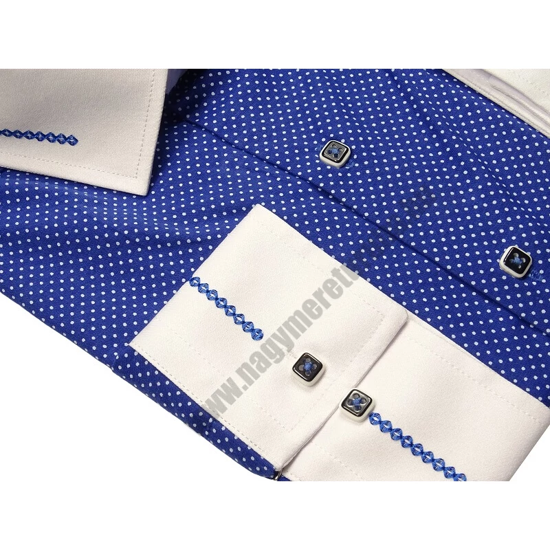 4XL-11XL Extra nagyméretű alkalmi M.Contrast királykék, fehér pöttyös férfi hosszú ujjú ing, kontrasztos fehér gallérral és mandzsettával.Rendeljen online kényelmesen vagy jöjjön el személyesen üzletünkbe!2