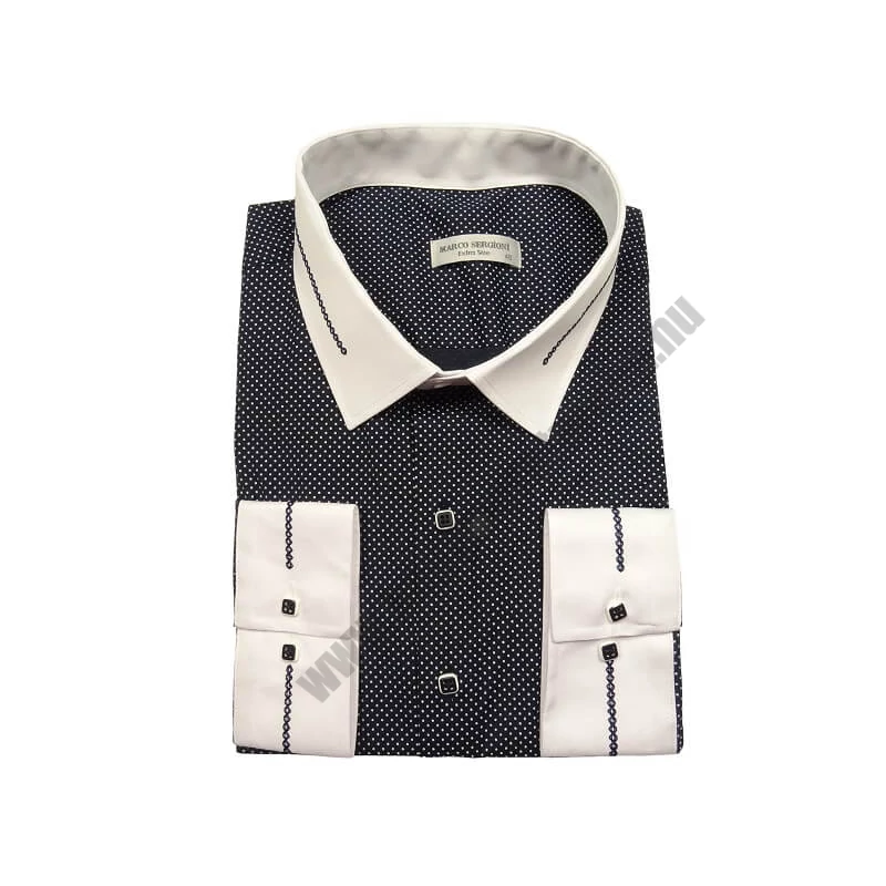 4XL-11XL Extra nagyméretű alkalmi M.Contrast sötétkék, fehér pöttyös férfi hosszú ujjú ing, kontrasztos fehér gallérral és mandzsettával.Rendeljen online kényelmesen vagy jöjjön el személyesen üzletünkbe!