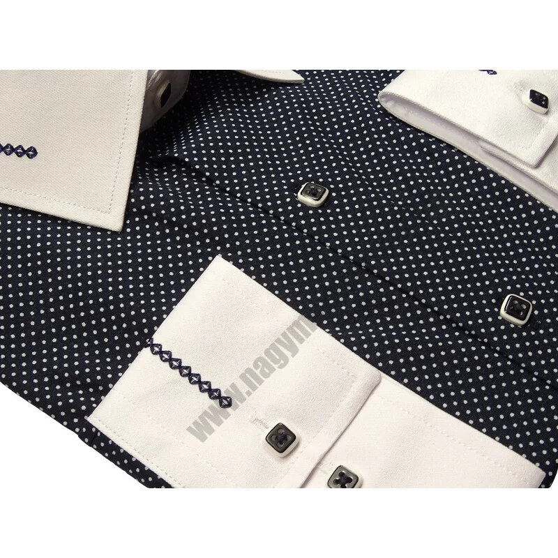 4XL-11XL Extra nagyméretű alkalmi M.Contrast sötétkék, fehér pöttyös férfi hosszú ujjú ing, kontrasztos fehér gallérral és mandzsettával.Rendeljen online kényelmesen vagy jöjjön el személyesen üzletünkbe!2