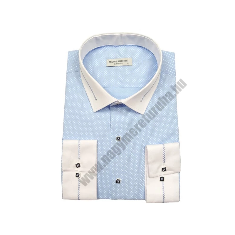 4XL-11XL Extra nagyméretű alkalmi M.Contrast világoskék, fehér pöttyös férfi hosszú ujjú ing, kontrasztos fehér gallérral és mandzsettával.Rendeljen online kényelmesen vagy jöjjön el személyesen üzletünkbe!