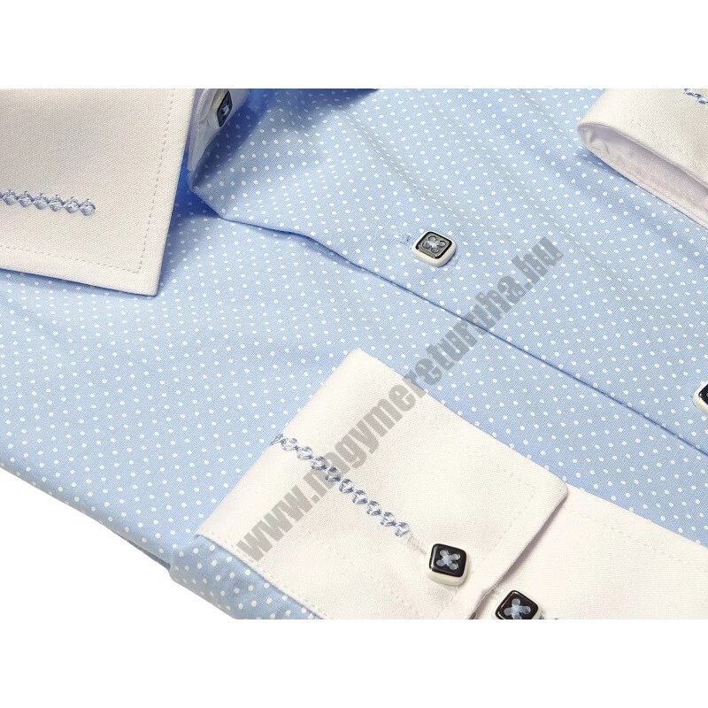 4XL-11XL Extra nagyméretű alkalmi M.Contrast világoskék, fehér pöttyös férfi hosszú ujjú ing, kontrasztos fehér gallérral és mandzsettával.Rendeljen online kényelmesen vagy jöjjön el személyesen üzletünkbe!2