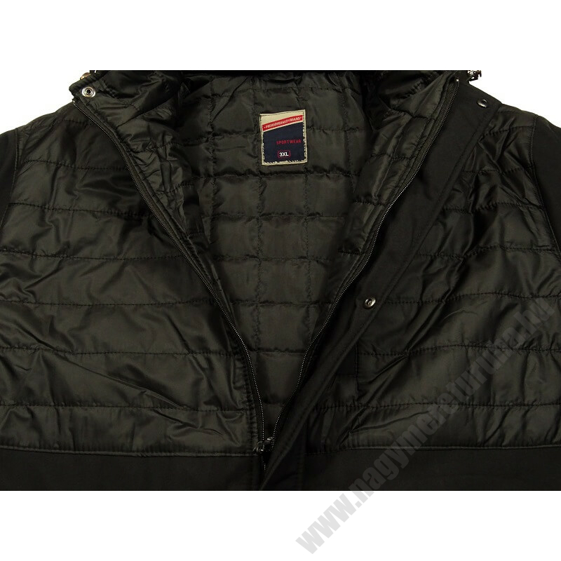 Férfi nagy 3XL-6XL méretű bélelt softshell kabát levehető kapucnival, fekete színben. Tekintse meg online vagy jöjjön el hozzánk személyesen üzletünkbe.2