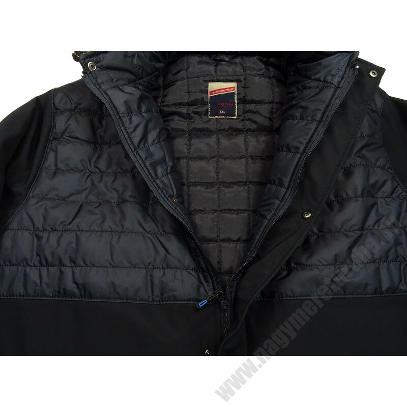 Férfi nagy 3XL-6XL méretű bélelt softshell kabát levehető kapucnival, sötétkék színben. Tekintse meg online vagy jöjjön el hozzánk személyesen üzletünkbe.2