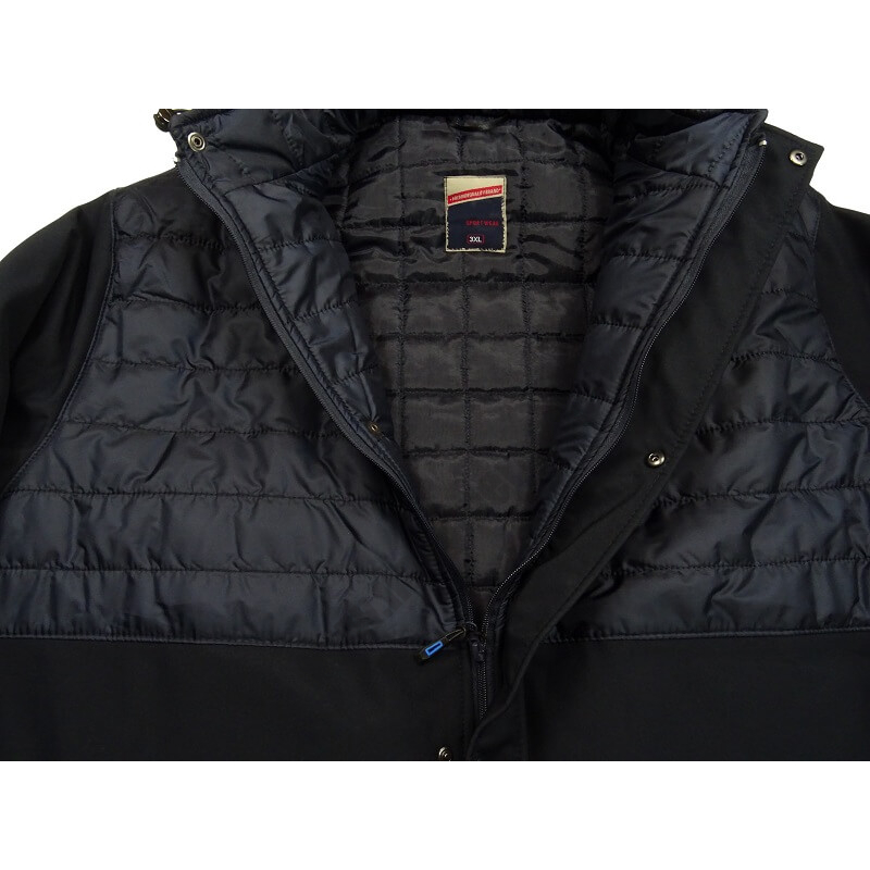 Férfi nagy 3XL-6XL méretű bélelt softshell kabát levehető kapucnival, sötétkék színben. Tekintse meg online vagy jöjjön el hozzánk személyesen üzletünkbe.2