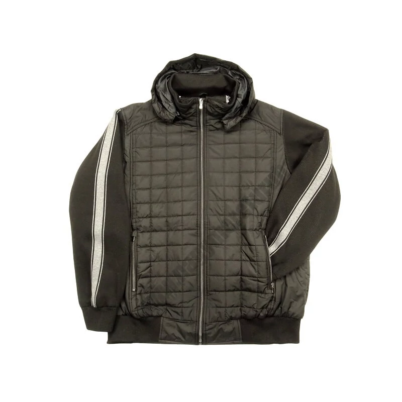 Fekete férfi nagyméretű átmeneti dzseki 2XL–6XL méretben, steppelt testtel és szövet rugalmas ujjakkal.