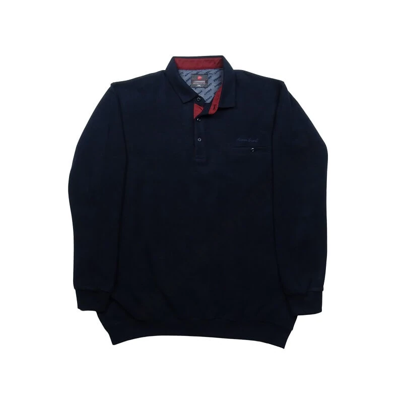 2XL-6XL nagyméretű sportos elegáns A.Sötétkék zsebes férfi galléros pulóver.Prémium minőségű rugalmas pamut anyagból.Rendeljen kényelemesen online vagy próbálja fel személyesen üzletünkben!1