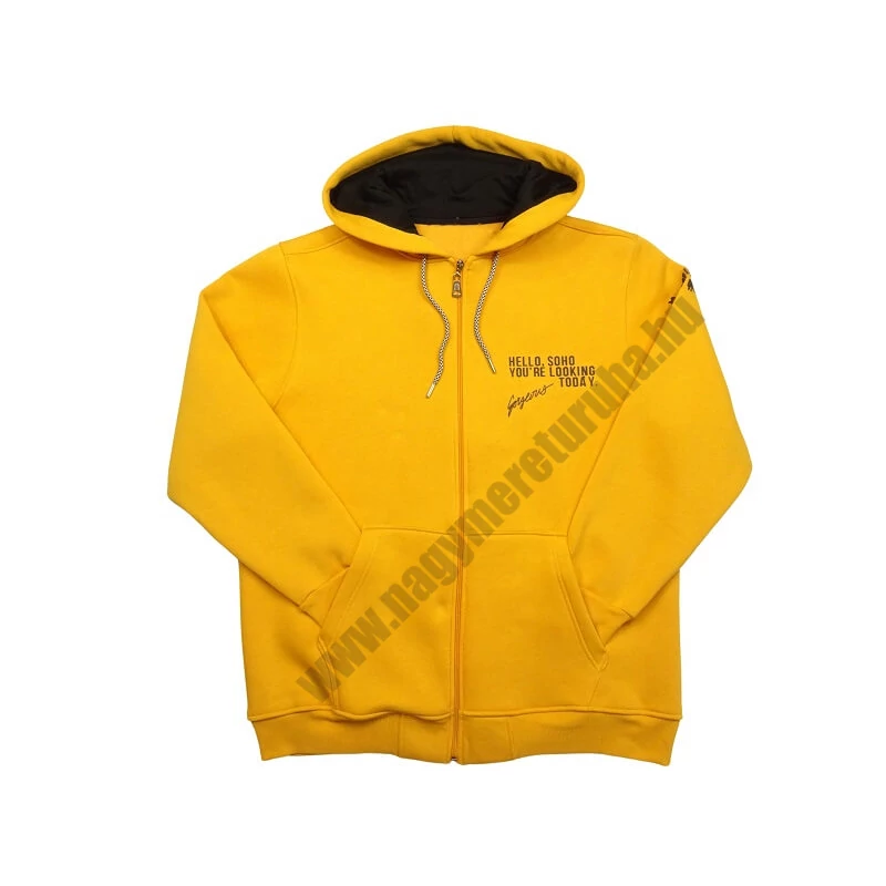 Extra nagy 3XL-8XL méretű férfi cipzáras pulóver, divatos sárga színben, feliratokkal.Prémium minőségű 100% pamutból. Rendeljen online, vagy jöjjön el hozzánk személyesen!4
