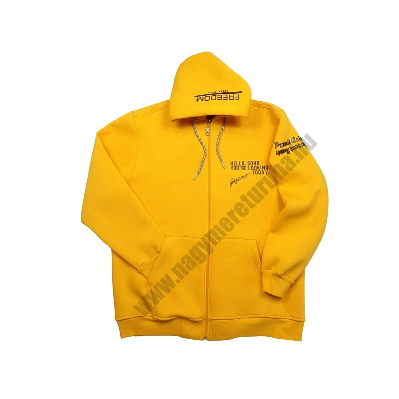 Extra nagy 3XL-8XL méretű férfi cipzáras pulóver, divatos sárga színben, feliratokkal.Prémium minőségű 100% pamutból. Rendeljen online, vagy jöjjön el hozzánk személyesen!