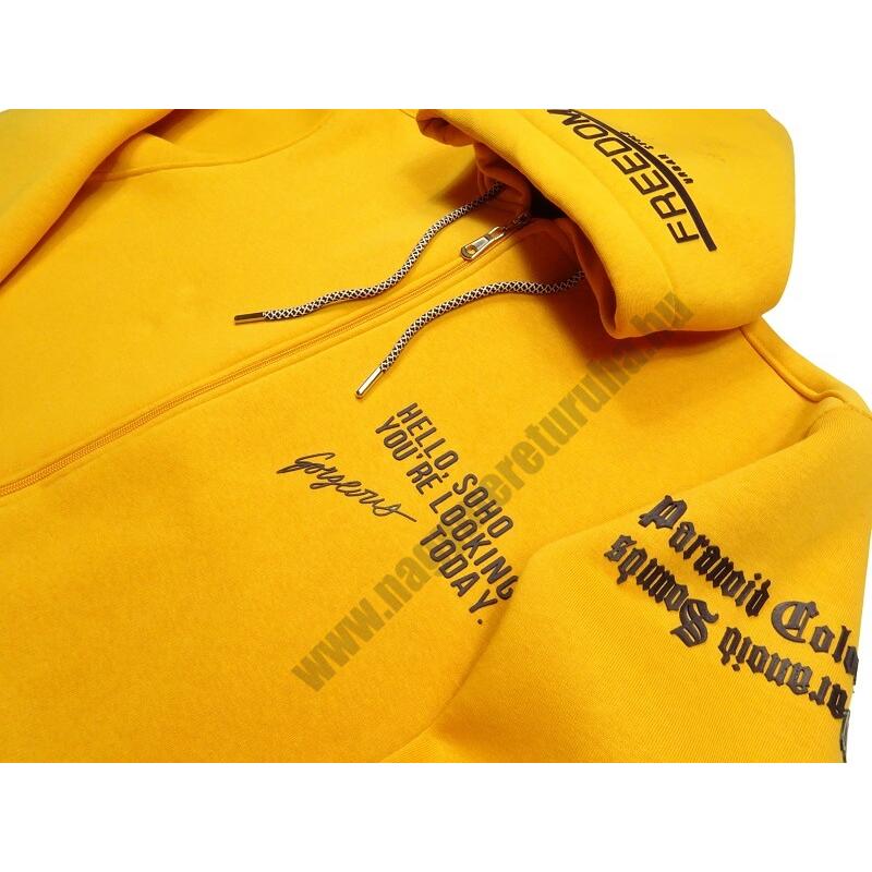 Extra nagy 3XL-8XL méretű férfi cipzáras pulóver, divatos sárga színben, feliratokkal.Prémium minőségű 100% pamutból. Rendeljen online, vagy jöjjön el hozzánk személyesen!3