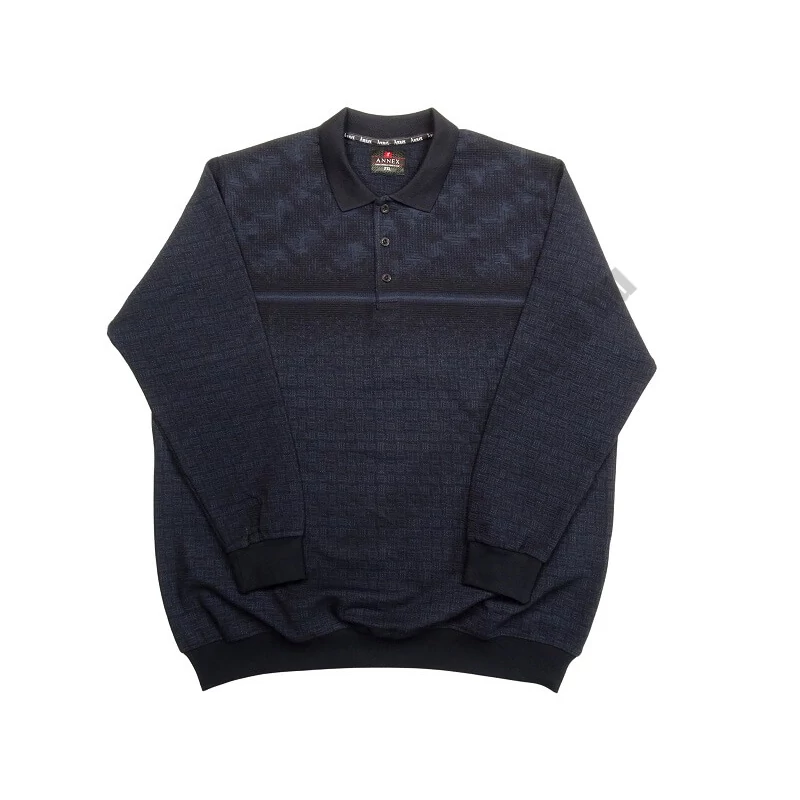 Sportosan elegáns férfi nagy 2XL,3XL,4XL,5XL,6XL méretű A.Modish sötétkék, világoskék mintás galléros pulóver.Prémium minőségű 100% pamutból.Rendeljen kényelemesen online vagy próbálja fel személyesen üzletünkben!1