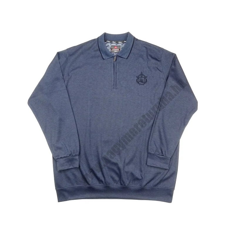 Poseidon kék cipzáras nagyméretű férfi galléros pulóver – elegáns, vékony bordázott anyagból, 3XL méretben.