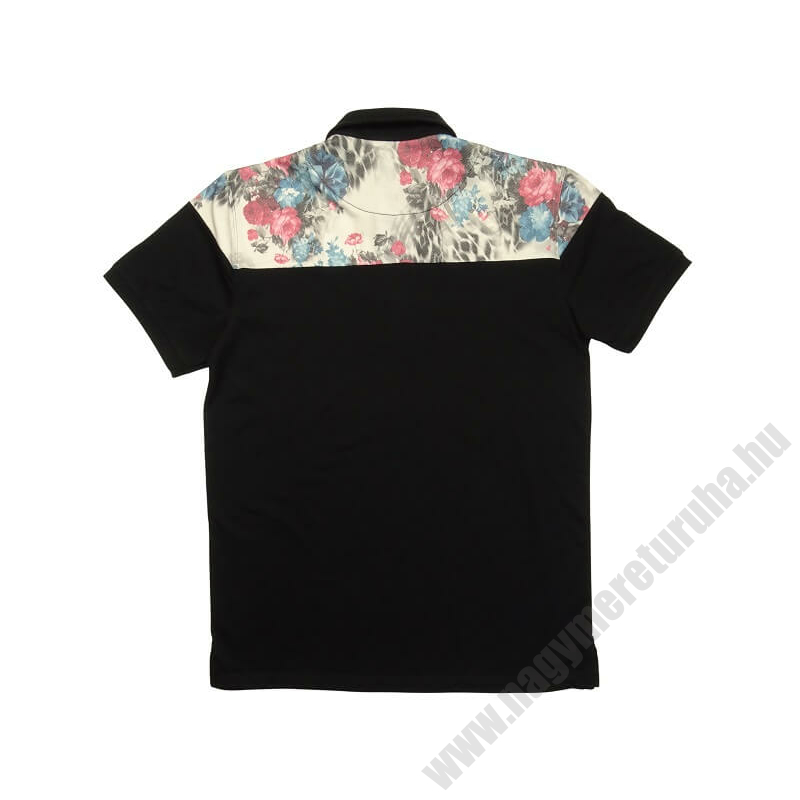 L-7XL Extra nagyméretű fekete színű, virág mintás galléros póló. Prémium minőségű rugalmas pamut anyagból. Rendeljen online vagy jöjjön el hozzánk személyesen!2
