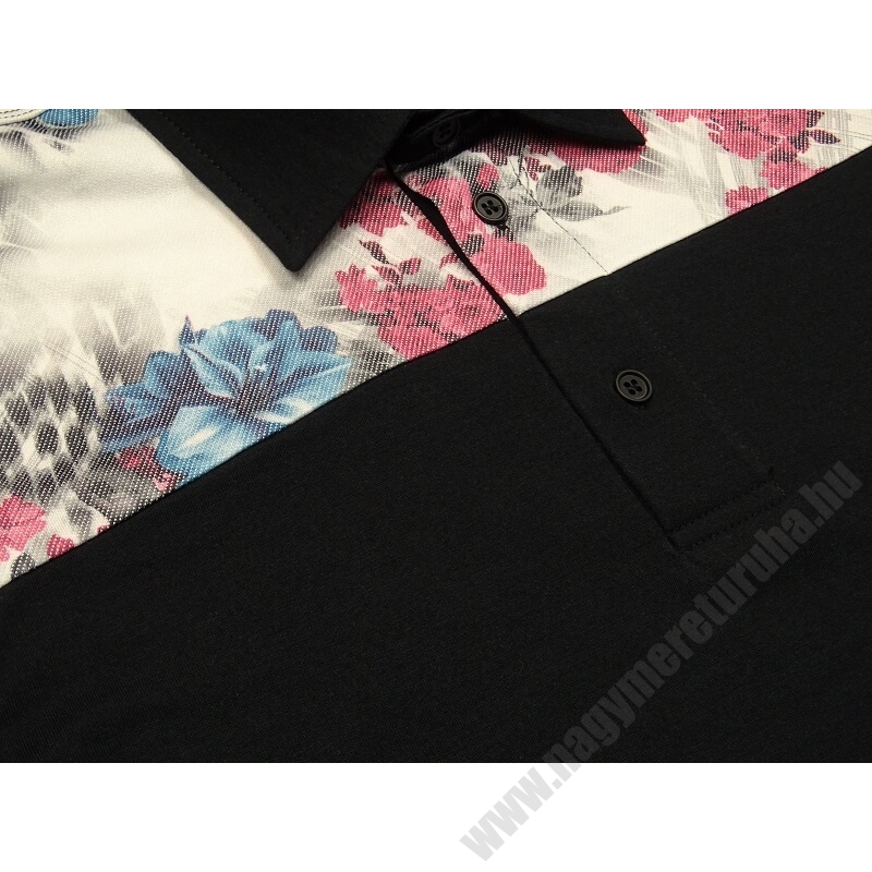 L-7XL Extra nagyméretű fekete színű, virág mintás galléros póló. Prémium minőségű rugalmas pamut anyagból. Rendeljen online vagy jöjjön el hozzánk személyesen!3