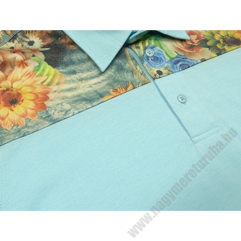 L-7XL Extra nagyméretű kék színű, virág mintás galléros póló. Prémium minőségű rugalmas pamut anyagból. Rendeljen online vagy jöjjön el hozzánk személyesen!3