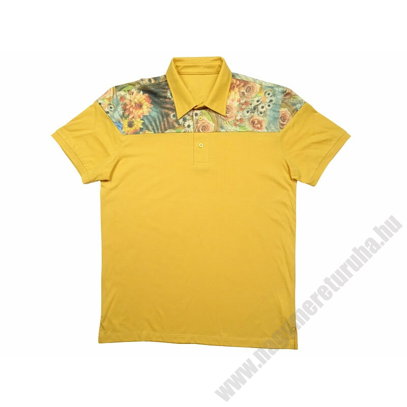 L-7XL Extra nagyméretű sárga színű, virág mintás galléros póló. Prémium minőségű rugalmas pamut anyagból. Rendeljen online vagy jöjjön el hozzánk személyesen!1