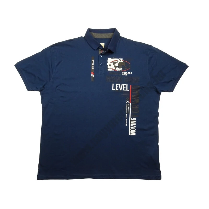 Divatos férfi galléros póló nagy 3XL-6XL méretekben. Indigókék színű, nagy nyomott feliratokkal és térkép mintával az igazi kalandoroknak. Prémium minőségű 100% pamutból. Vásárolja meg online, pontos mérettáblázatunk segítségével!1