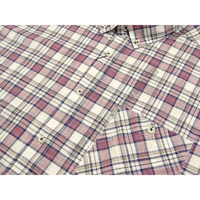 Nagy 2XL,3XL,4XL,5XL,6XL méretű férfi bordó kockás rövid ujjú lenvászon ing mellkas zsebbel. Prémium minőségű pamut anyagból.Rendeljen online kényelmesen vagy jöjjön el személyesen üzletünkbe!2