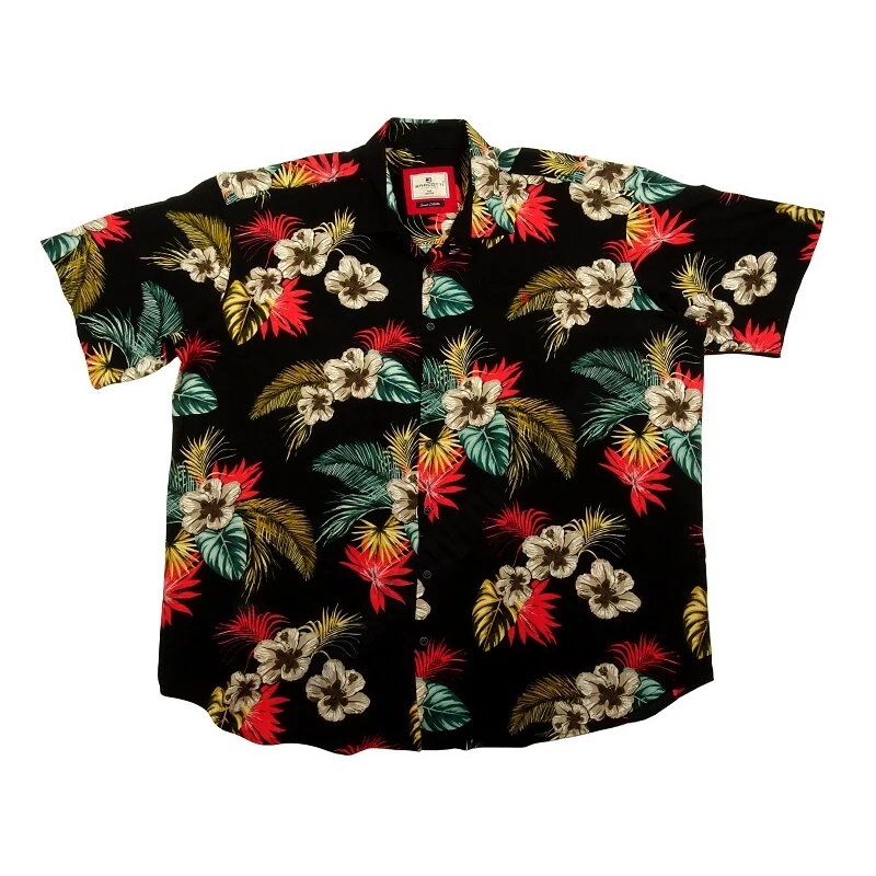 Nyári vékony extra nagyméretű férfi rövid ujjú viszkóz ing 7XL, 8XL, 9XL méretekben. Fekete alapon színes virág mintás, hawaii stílusú.Prémium minőségű 100% viszkózból.Rendeljen online kényelmesen vagy jöjjön el személyesen üzletünkbe!3