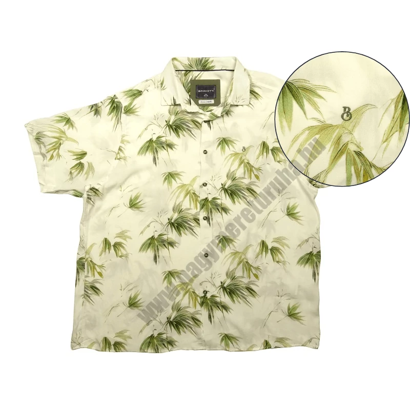 Nyári vékony nagy 2XL,3XL,4XL,5XL,6XL méretű férfi rövid ujjú viszkóz ing törtfehér alapon zöld bambusz mintás.Rendeljen online gyors szállítással vagy jöjjön el személyesen üzletünkbe!