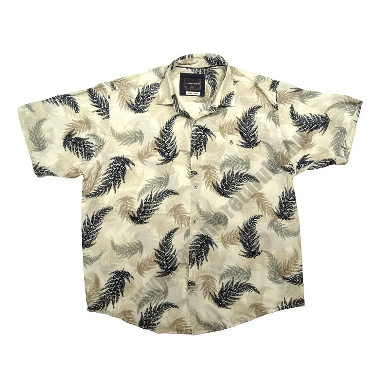 Nyári vékony nagy 2XL,3XL,4XL,5XL,6XL méretű férfi rövid ujjú viszkóz ing törtfehér alapon bézs/sötétkék levél mintás.Rendeljen online gyors szállítással vagy jöjjön el személyesen üzletünkbe!2