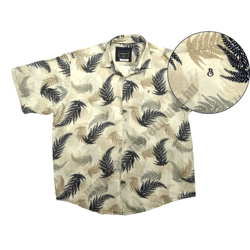 Nyári vékony nagy 2XL,3XL,4XL,5XL,6XL méretű férfi rövid ujjú viszkóz ing törtfehér alapon bézs/sötétkék levél mintás.Rendeljen online gyors szállítással vagy jöjjön el személyesen üzletünkbe!