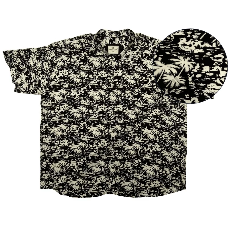 Nyári vékony extra nagyméretű férfi rövid ujjú viszkóz ing 6XL, 7XL, 8XL, 9XL méretekben. Fekete alapon fehér pálmafa mintás, hawaii stílusú.Prémium minőségű 100% viszkózból.Rendeljen online kényelmesen vagy jöjjön el személyesen üzletünkbe!