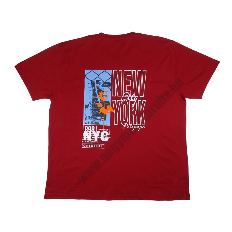 Divatos P.Bordó New York férfi nagyméretű rövid ujjú póló 100% prémium pamutból. 3XL-6XL méretekben kapható.Rendeljen online kényelmesen vagy látogasson el üzletünkbe.3
