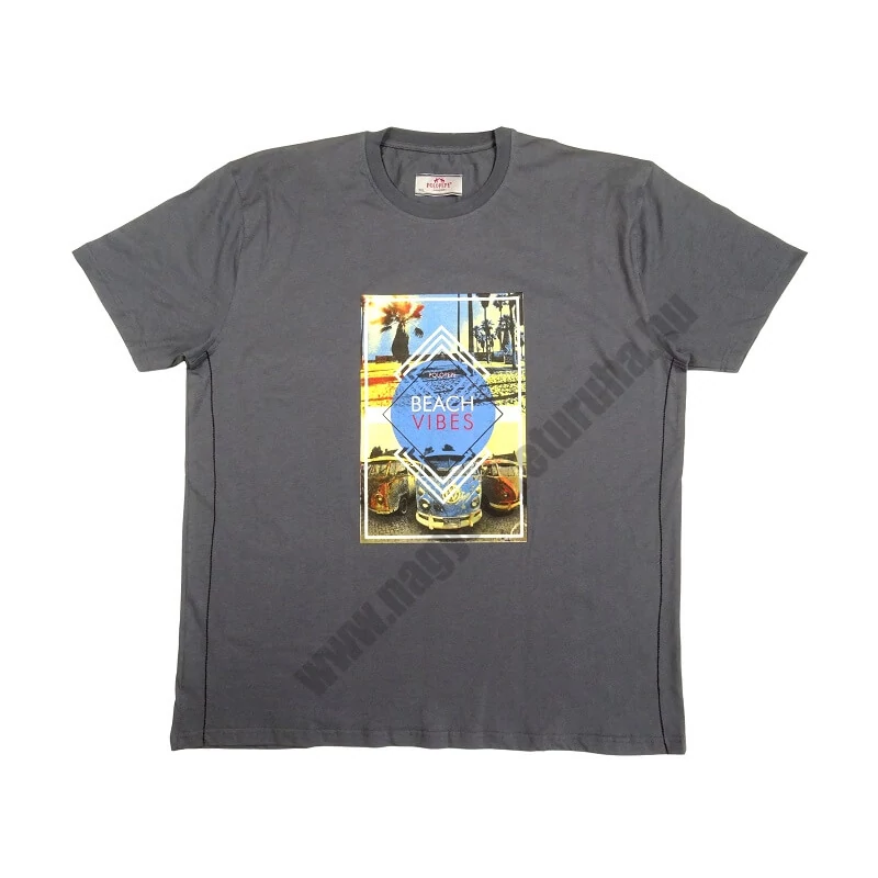 Nyári 3XL,4XL,5XL,6XL-nagyméretű férfi rövid ujjú póló grafit szürke színben, divatos hippi busz mintával és oldalsó karcsúsító varrással. Prémium minőségű 100% pamutból a kényelmes hétköznapokra. Rendeljen online, pár kattintással vagy jöjjön el hozzánk 