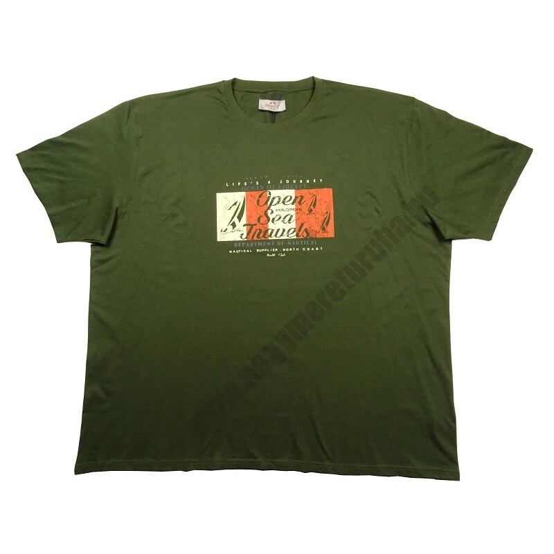 Extra nagy 7XL,8XL,9XL méretű férfi rövid ujjú póló keki/zöld színben, divatos vitorlás mintával. Prémium minőségű 100% pamutból a kényelmes hétköznapokra. Rendeljen online, pár kattintással vagy jöjjön el hozzánk személyesen!1